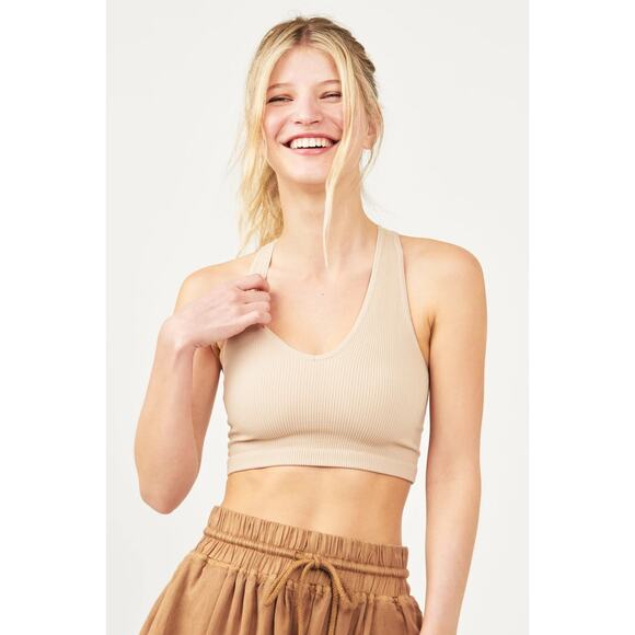 NWT FP Movement Free Throw V-Neck Racerback Ribbed Crop Tank Sandstone Women's M - Picture 1 of 4